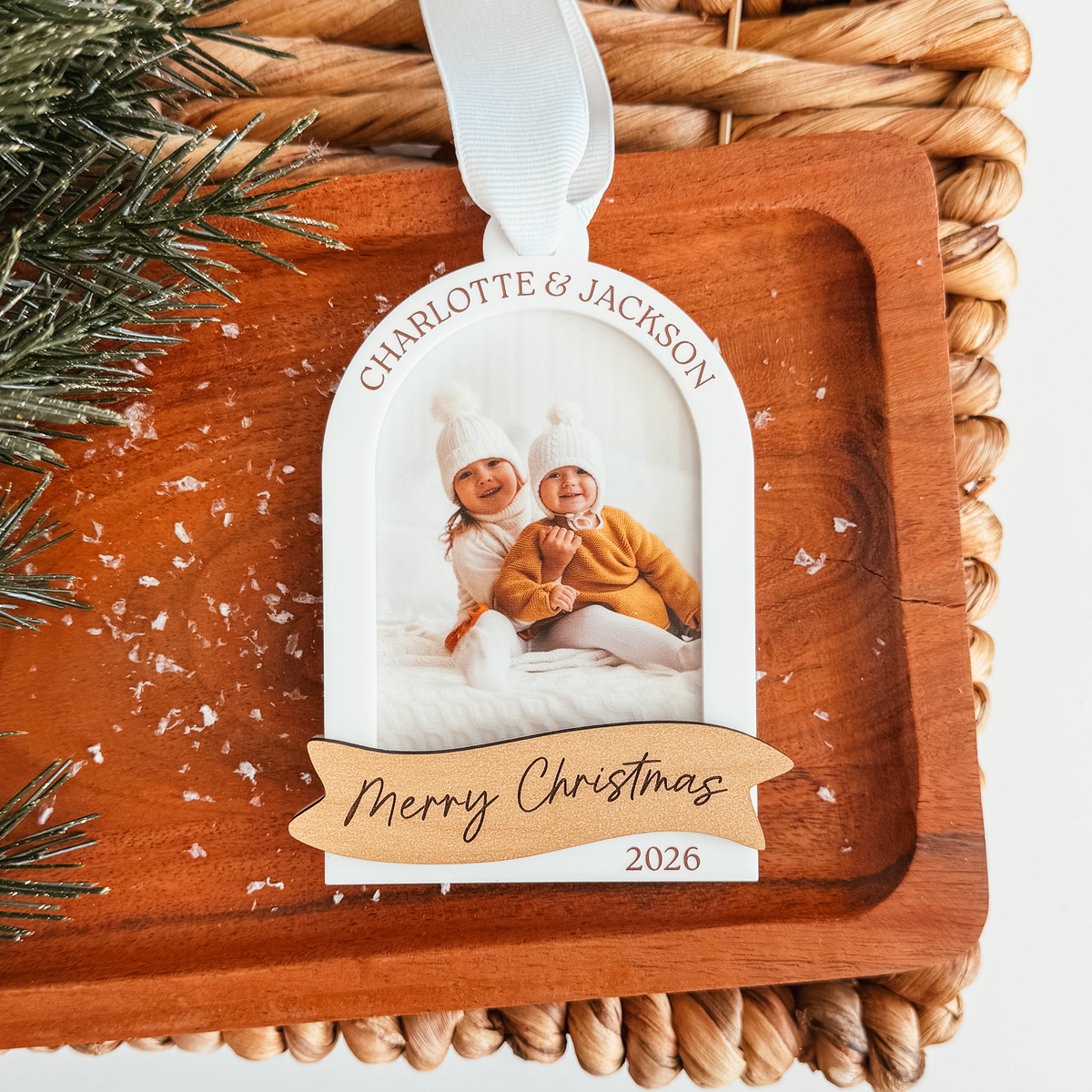 Arch With Wood Banner Photo Christmas Ornament