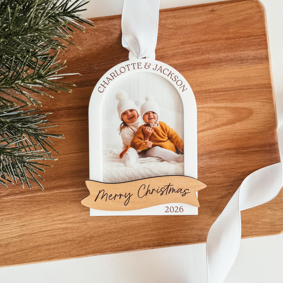 Arch With Wood Banner Photo Christmas Ornament