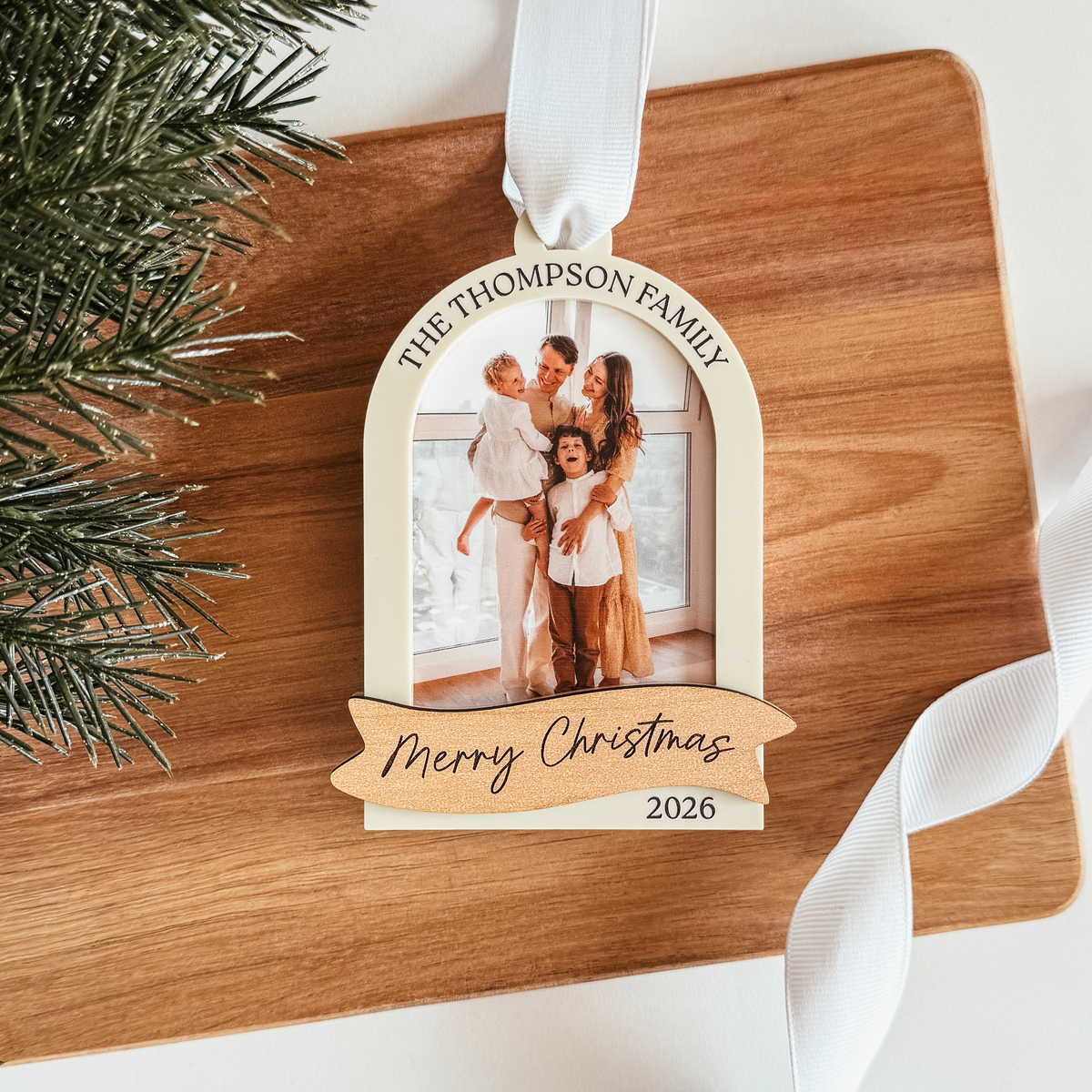 Arch With Wood Banner Photo Christmas Ornament