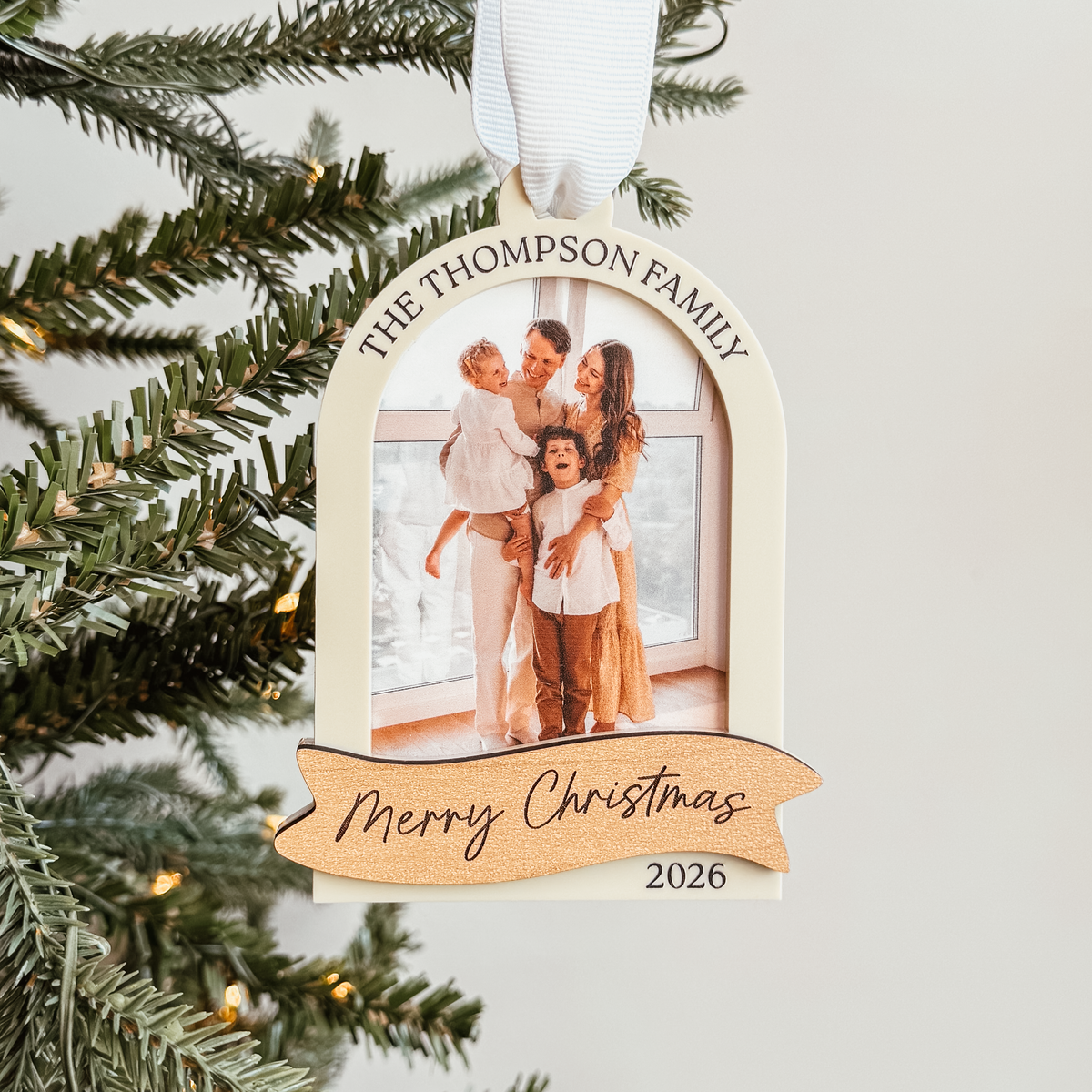 Arch With Wood Banner Photo Christmas Ornament