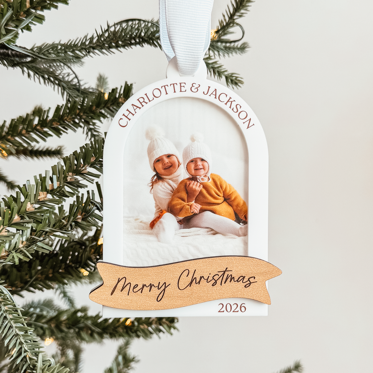Arch With Wood Banner Photo Christmas Ornament