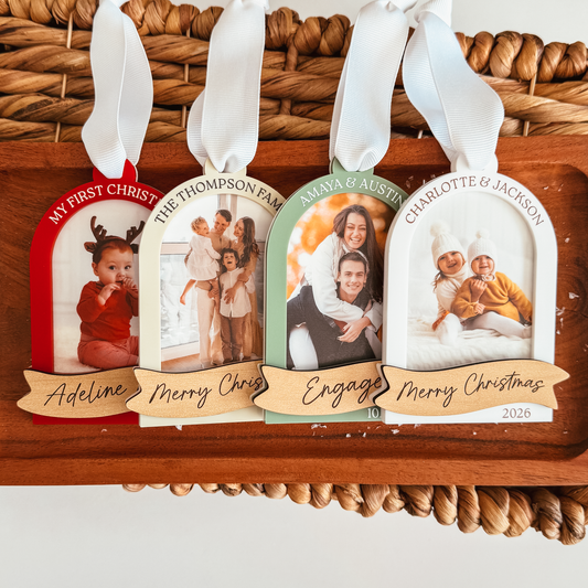 Arch With Wood Banner Photo Christmas Ornament