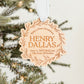 Wooden Birth Statistics Ornament With Wreath
