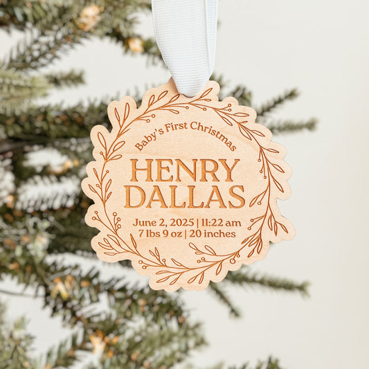 Wooden Birth Statistics Ornament With Wreath