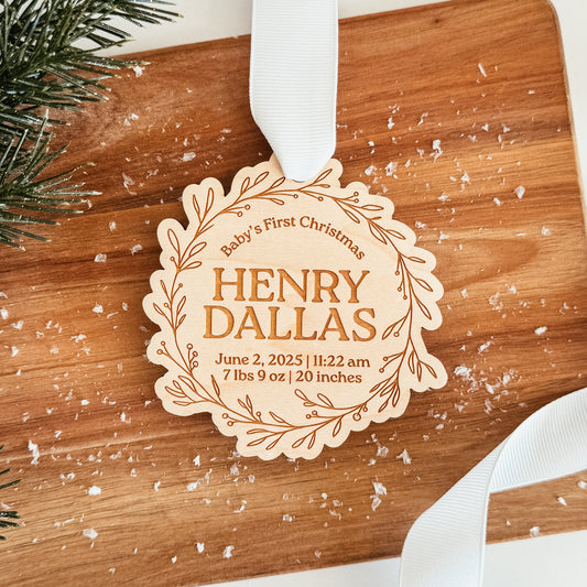 Wooden Birth Statistics Ornament With Wreath