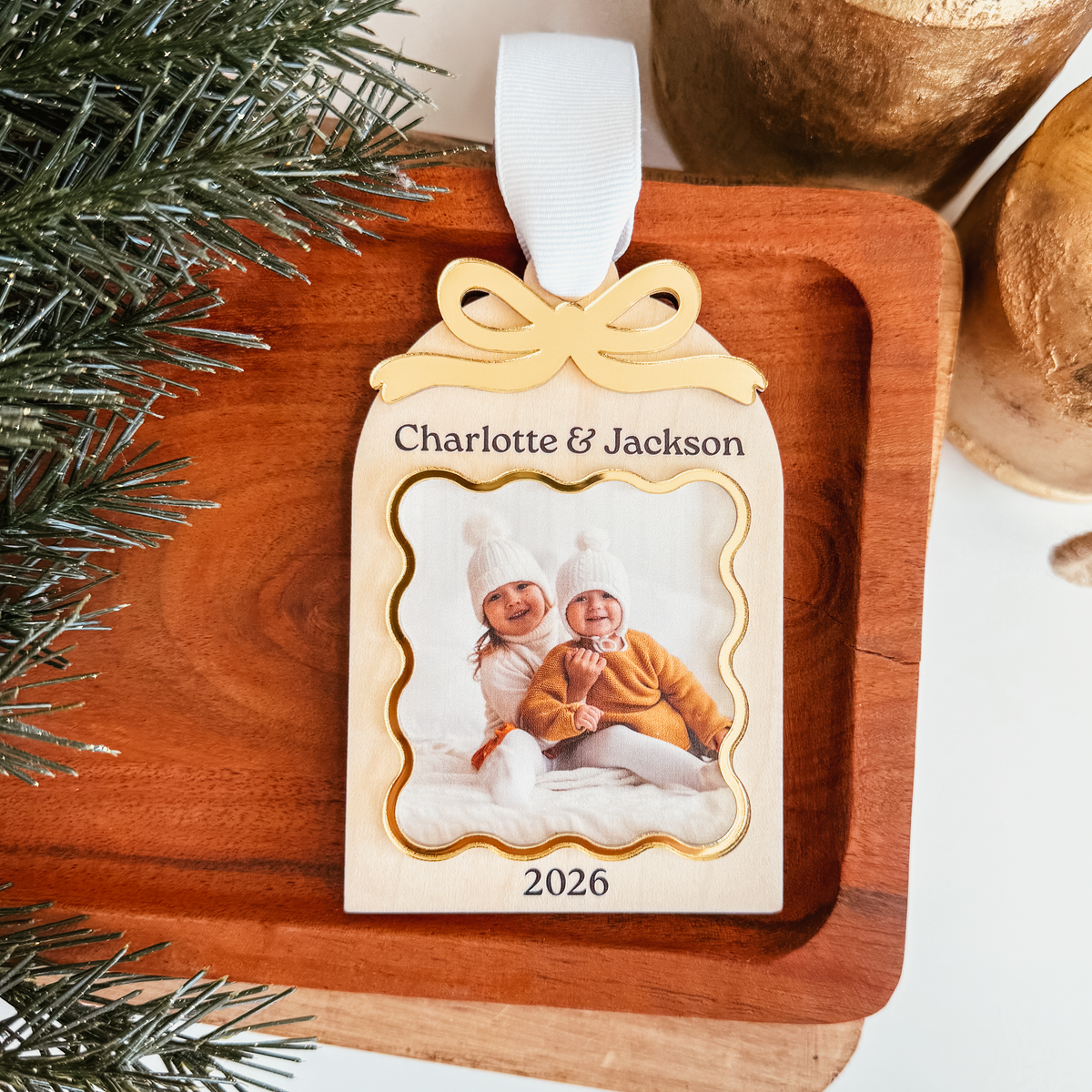 Wooden Arch With Bow & Scallop Frame Christmas Ornament