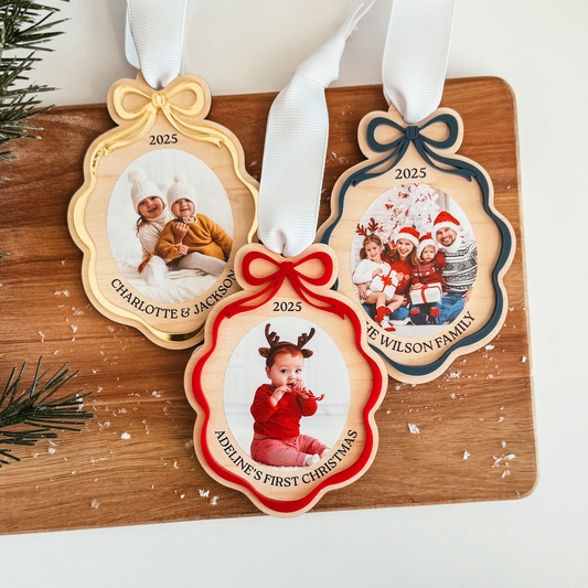 Wooden Bow Ribbon Frame Christmas Ornament