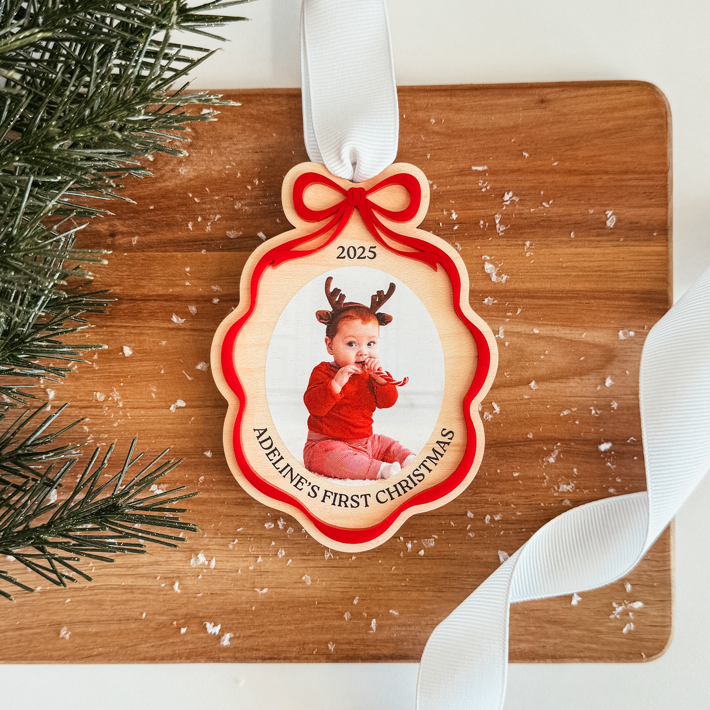 Wooden Bow Ribbon Frame Christmas Ornament