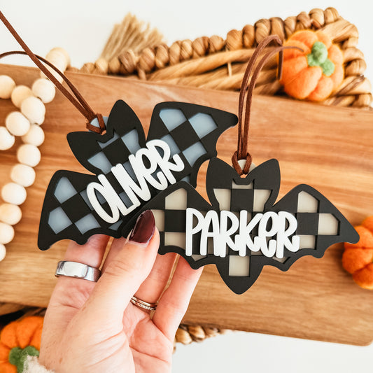 Checkered Bat Halloween Boo Basket Tag