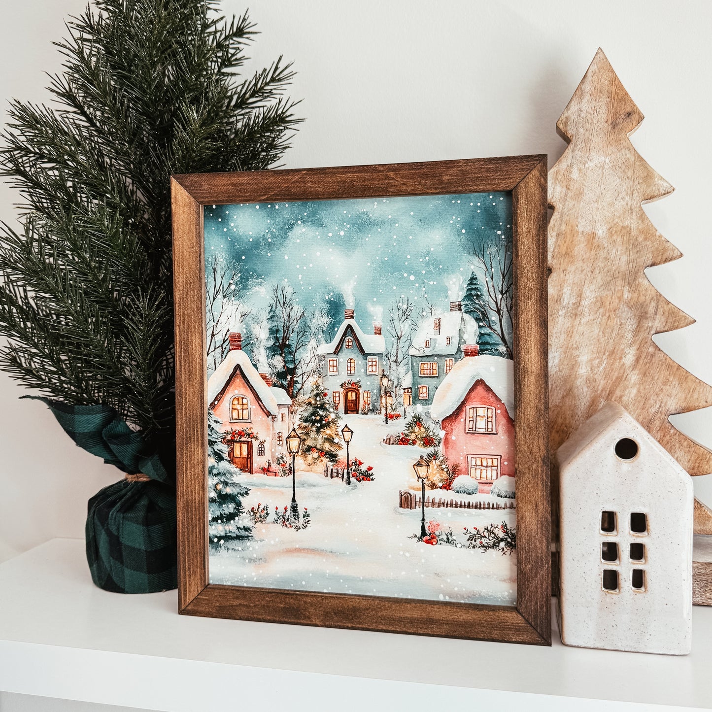 Watercolour Christmas Village Scene Framed Sign