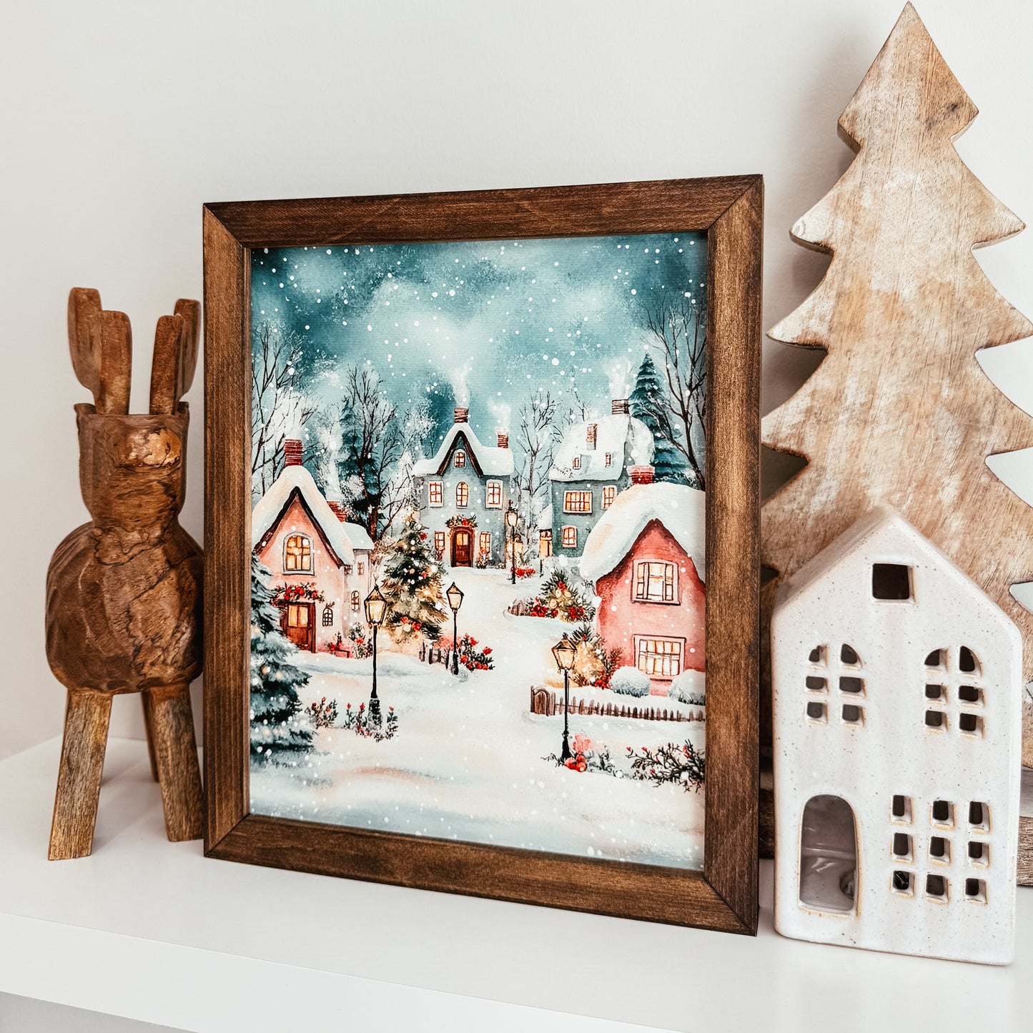 Watercolour Christmas Village Scene Framed Sign