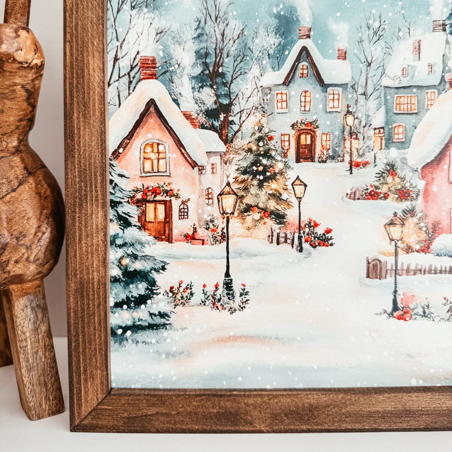 Watercolour Christmas Village Scene Framed Sign