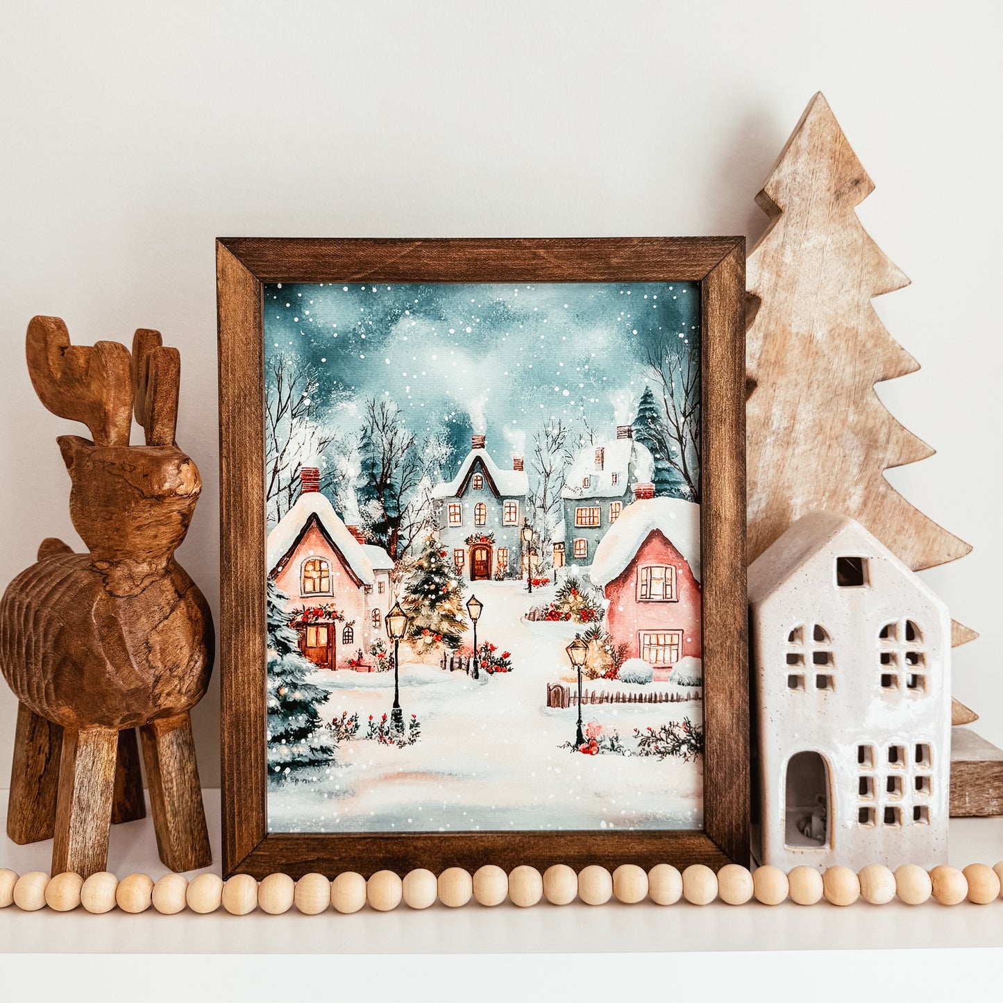 Watercolour Christmas Village Scene Framed Sign