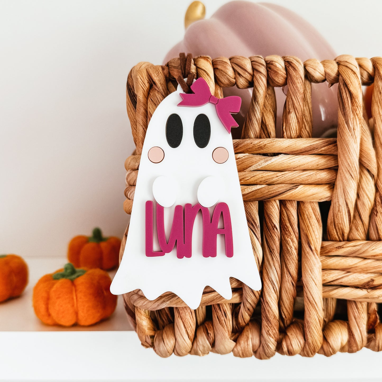 Ghost With Bow Boo Basket Tag