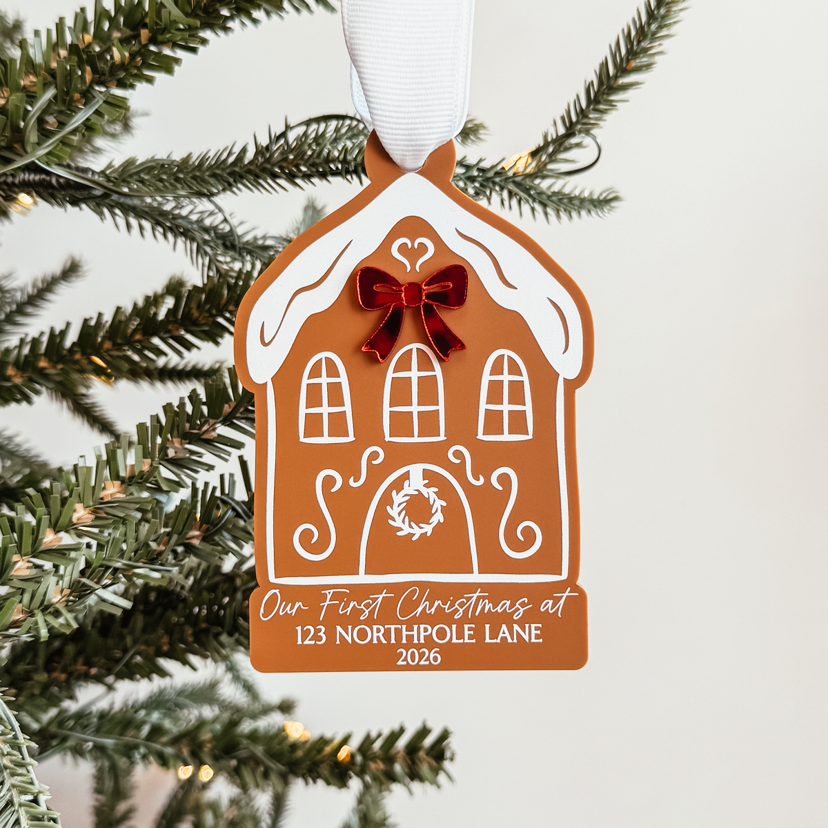 Frosted or Caramel House With Bow New Home Ornament