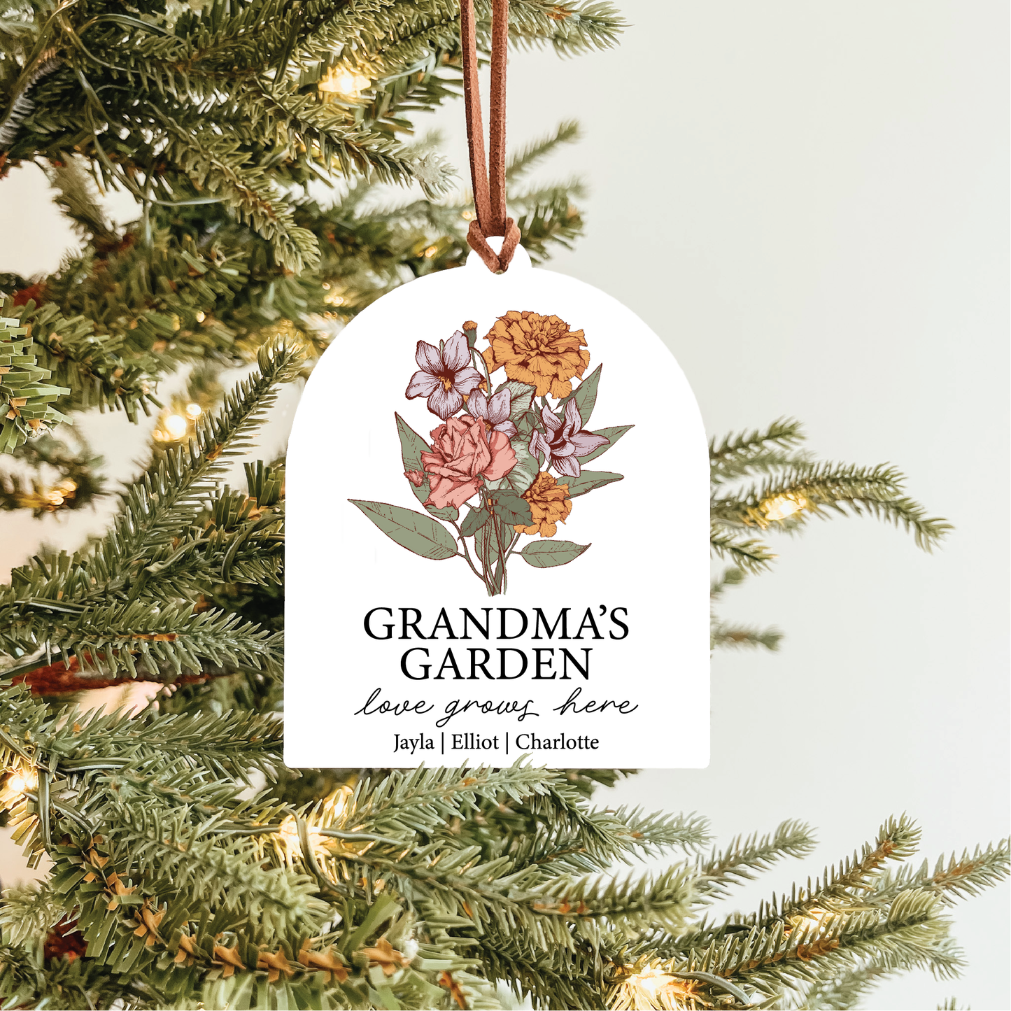 Grandchildren Names Christmas Ornament | Vintage Birth Flower Bouquet