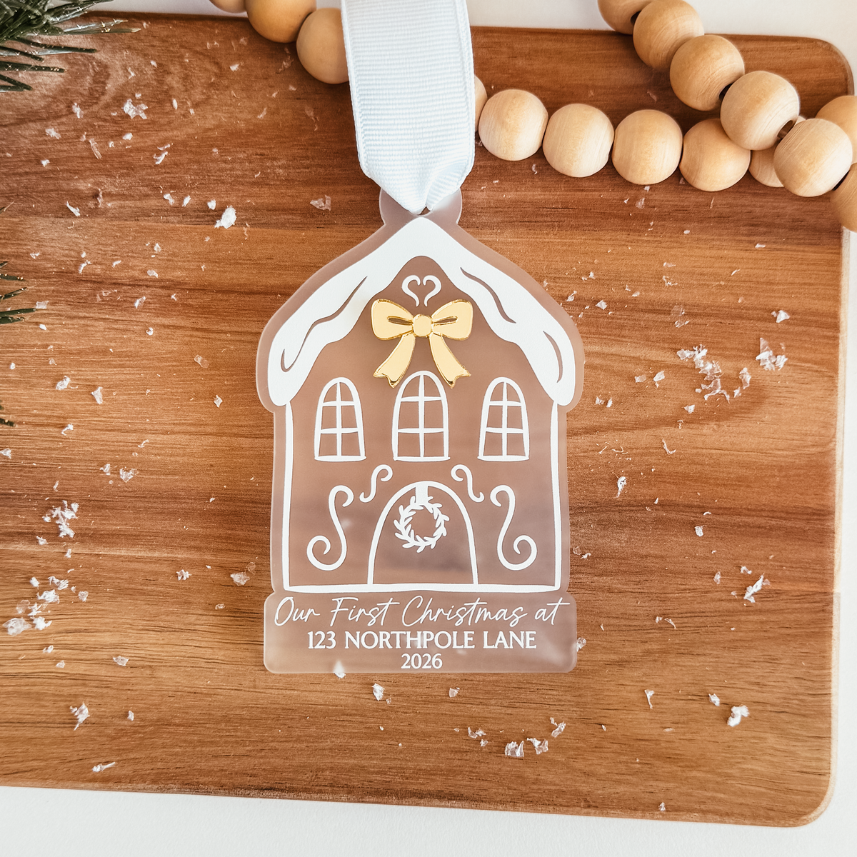 Frosted or Caramel House With Bow New Home Ornament
