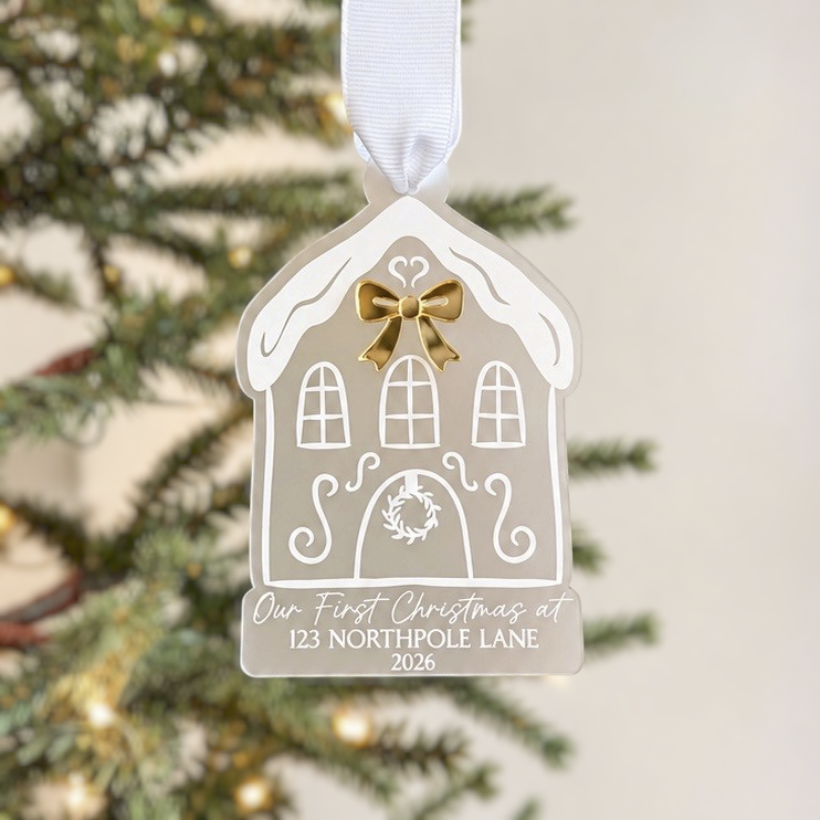 Frosted or Caramel House With Bow New Home Ornament