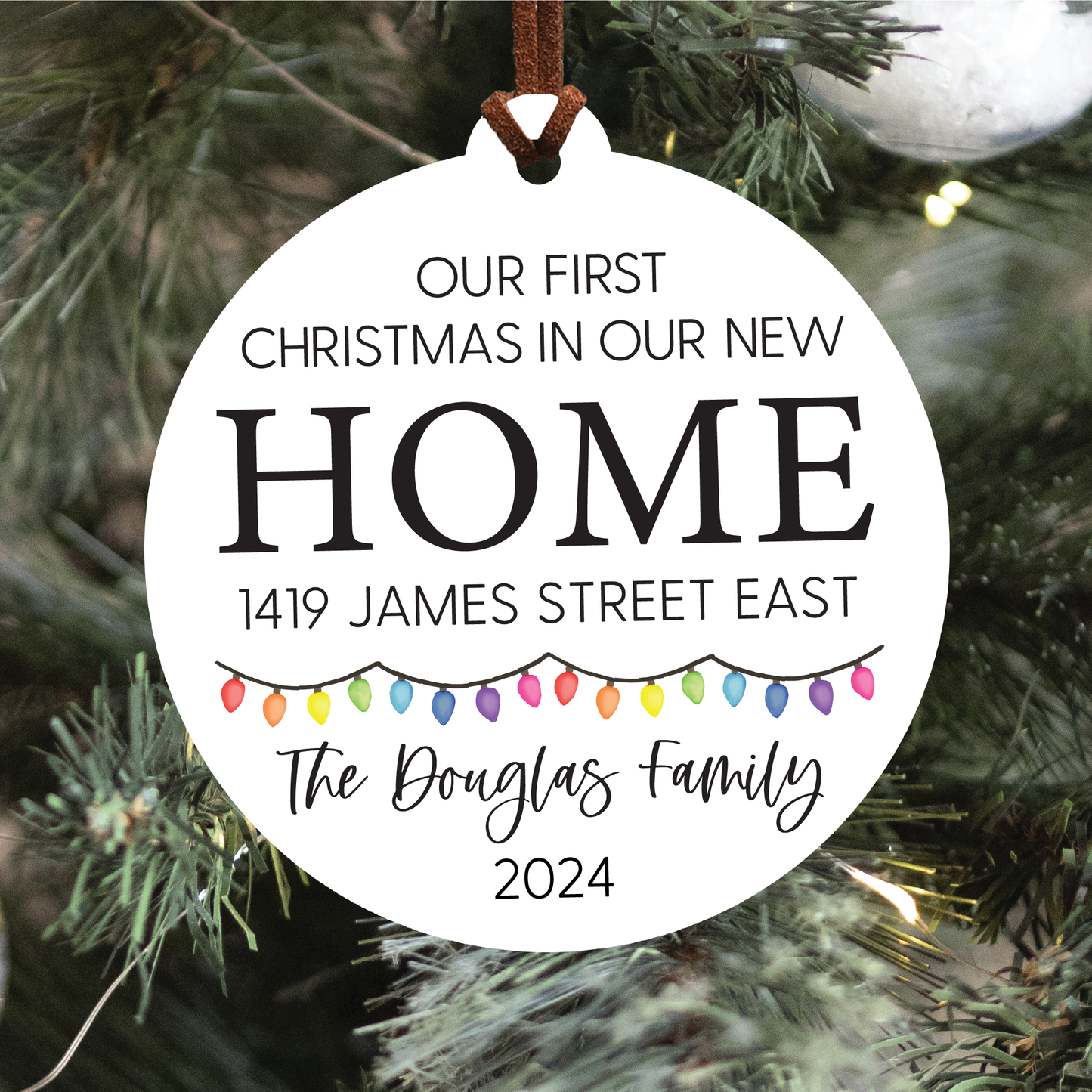 Personalized New Home Christmas Ornament | House or Round | V1 Lights