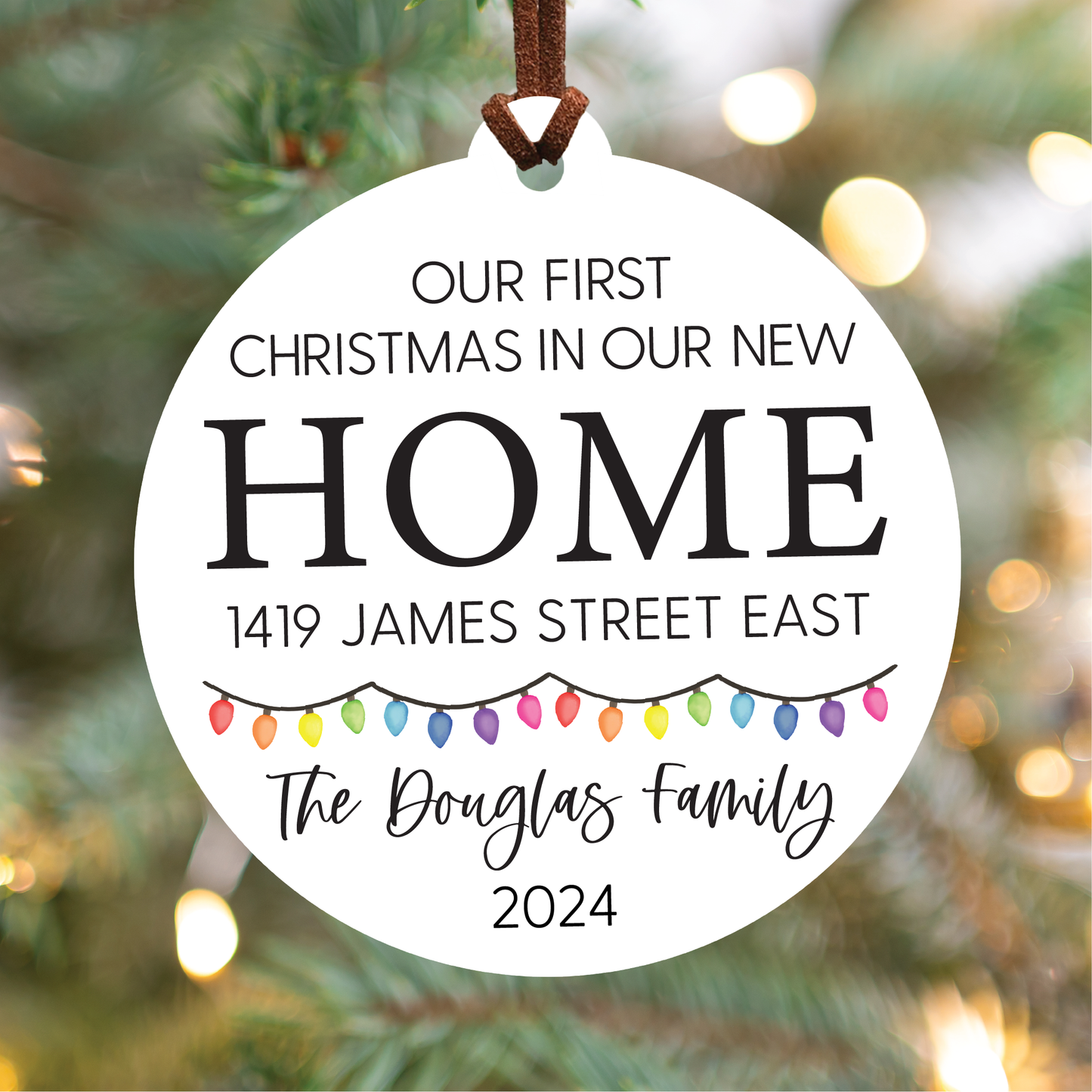 Personalized New Home Christmas Ornament | House or Round | V1 Lights