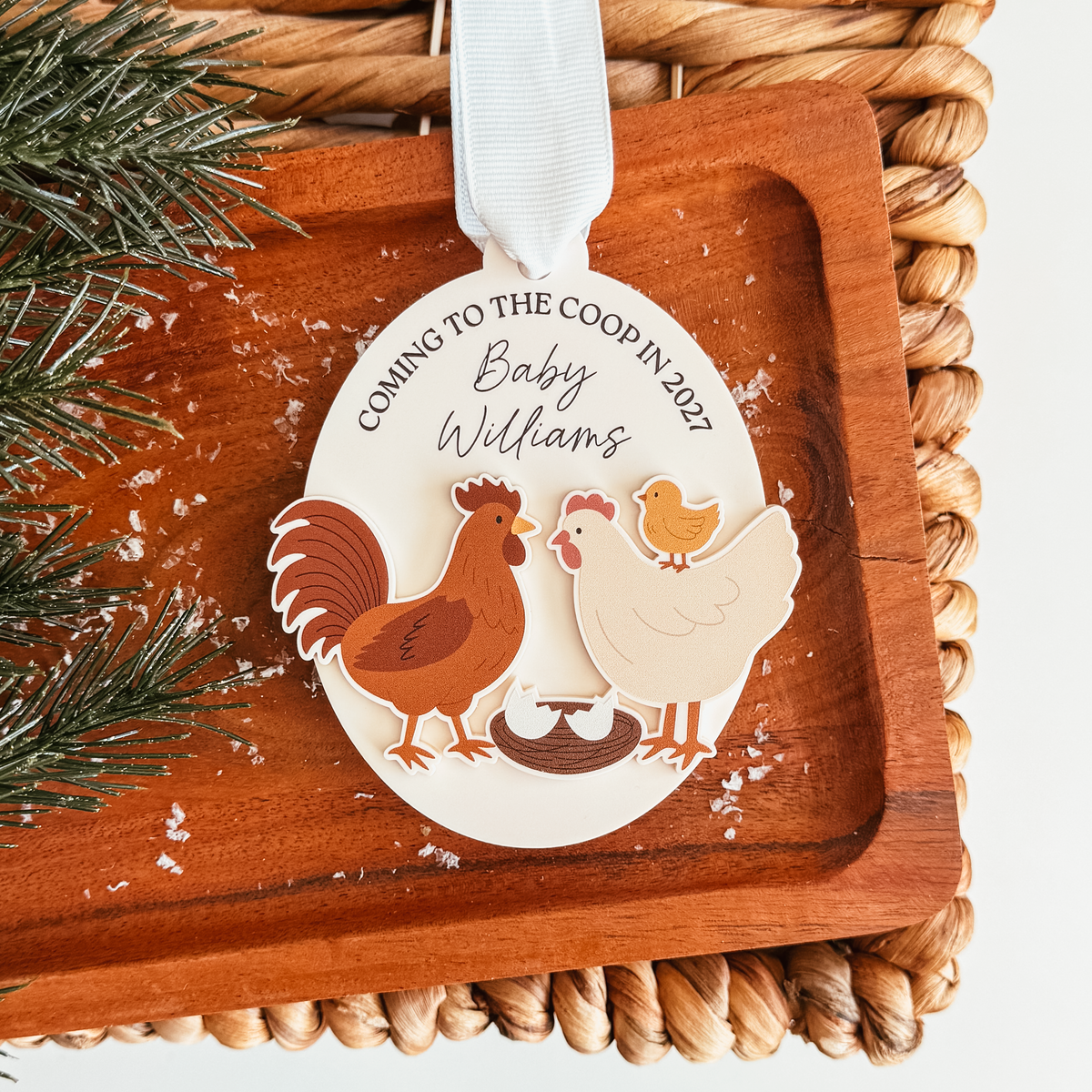 Coming To The Coop Baby Announcement Wood Or Acrylic Ornament (Oval or Arch)