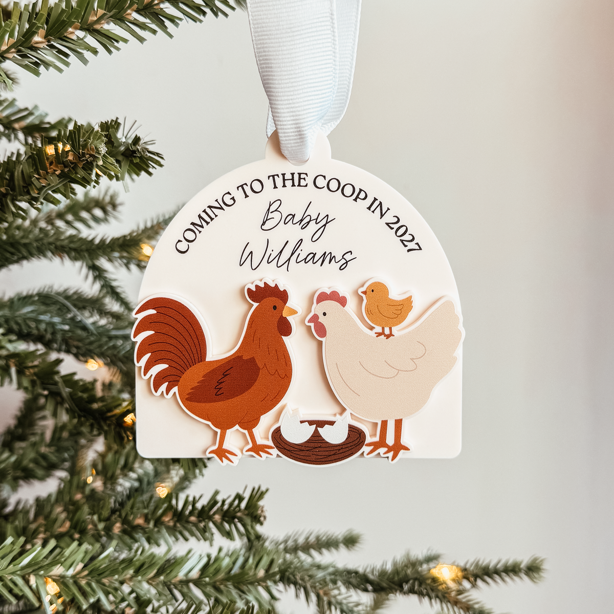 Coming To The Coop Baby Announcement Wood Or Acrylic Ornament (Oval or Arch)