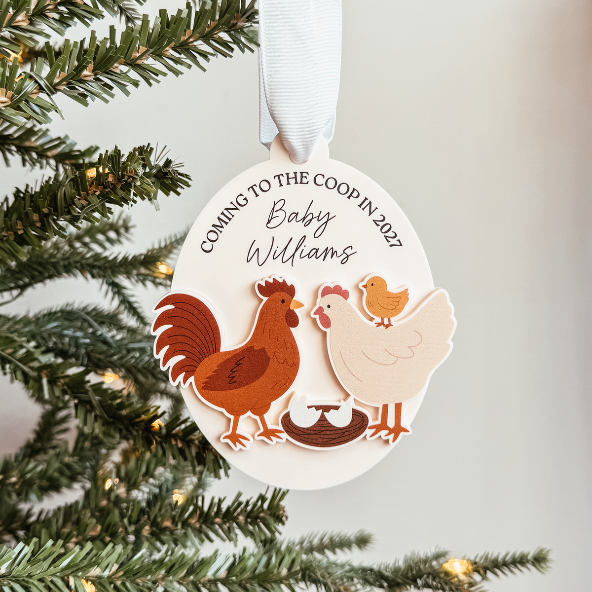Coming To The Coop Baby Announcement Wood Or Acrylic Ornament (Oval or Arch)