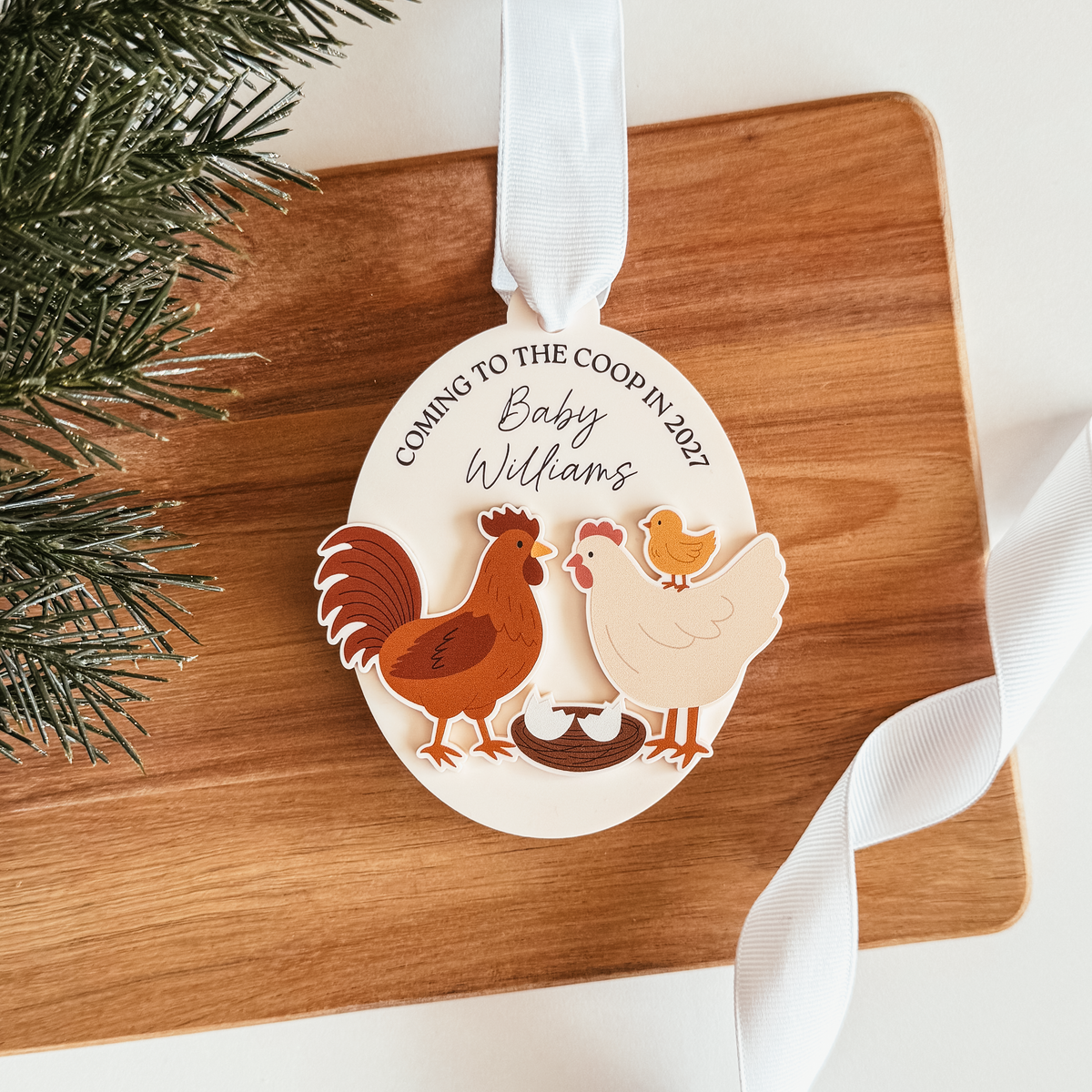Coming To The Coop Baby Announcement Wood Or Acrylic Ornament (Oval or Arch)