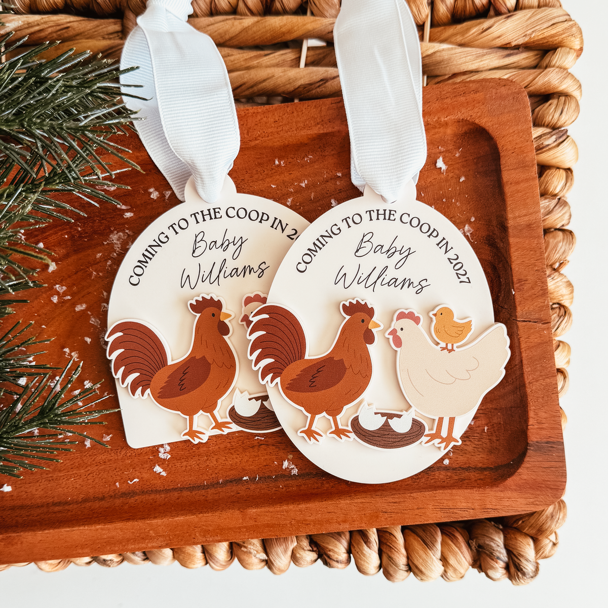 Coming To The Coop Baby Announcement Wood Or Acrylic Ornament (Oval or Arch)