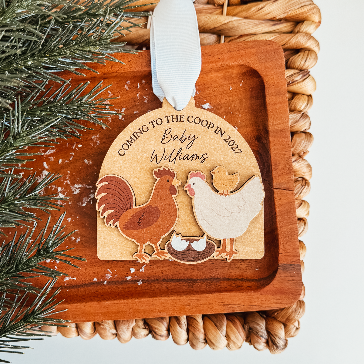 Coming To The Coop Baby Announcement Wood Or Acrylic Ornament (Oval or Arch)
