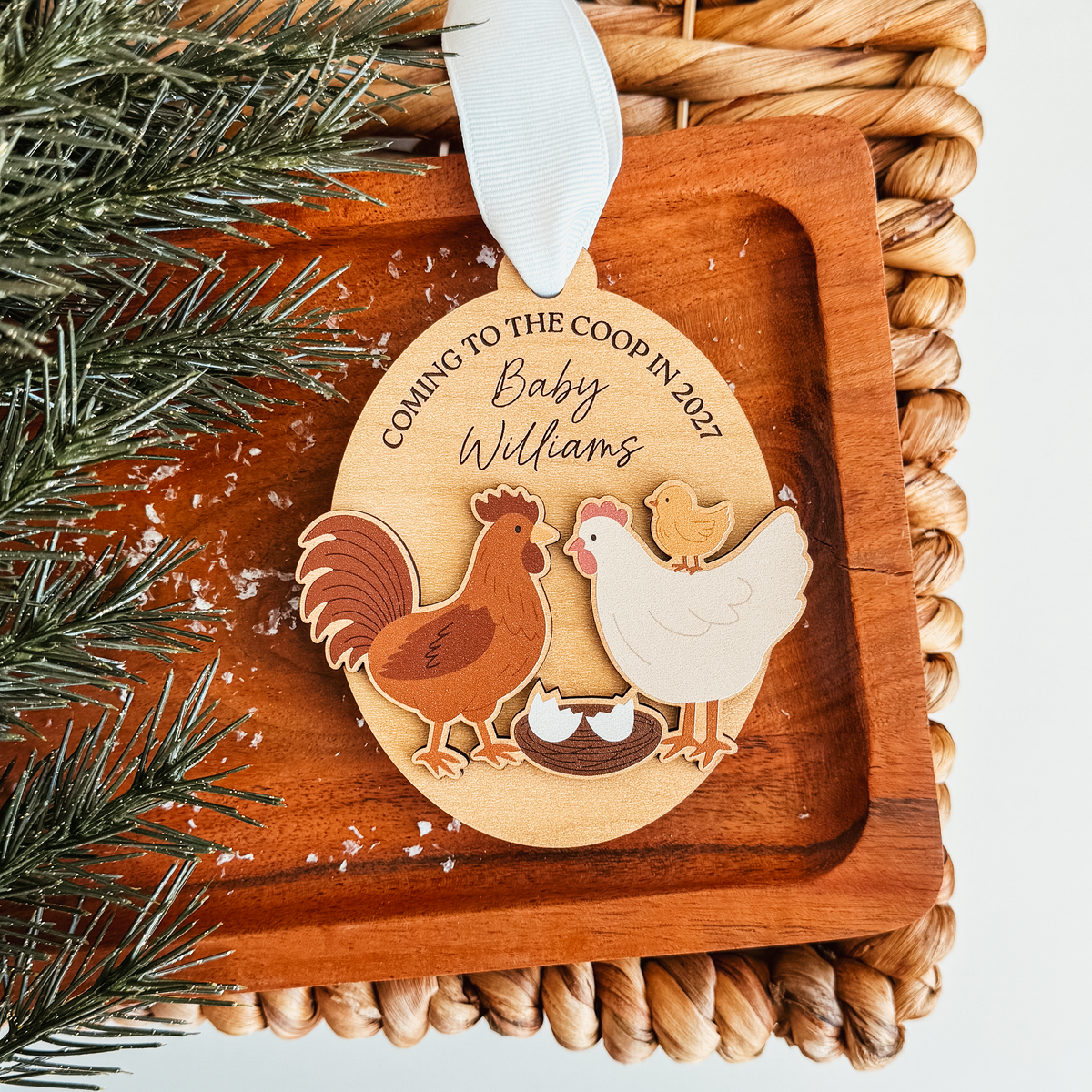 Coming To The Coop Baby Announcement Wood Or Acrylic Ornament (Oval or Arch)