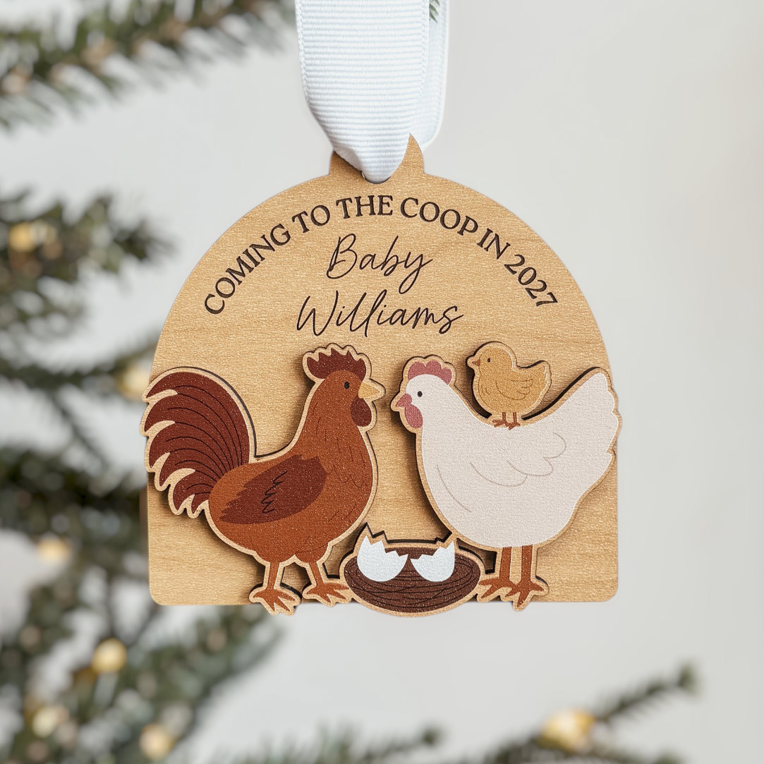 Coming To The Coop Baby Announcement Wood Or Acrylic Ornament (Oval or Arch)
