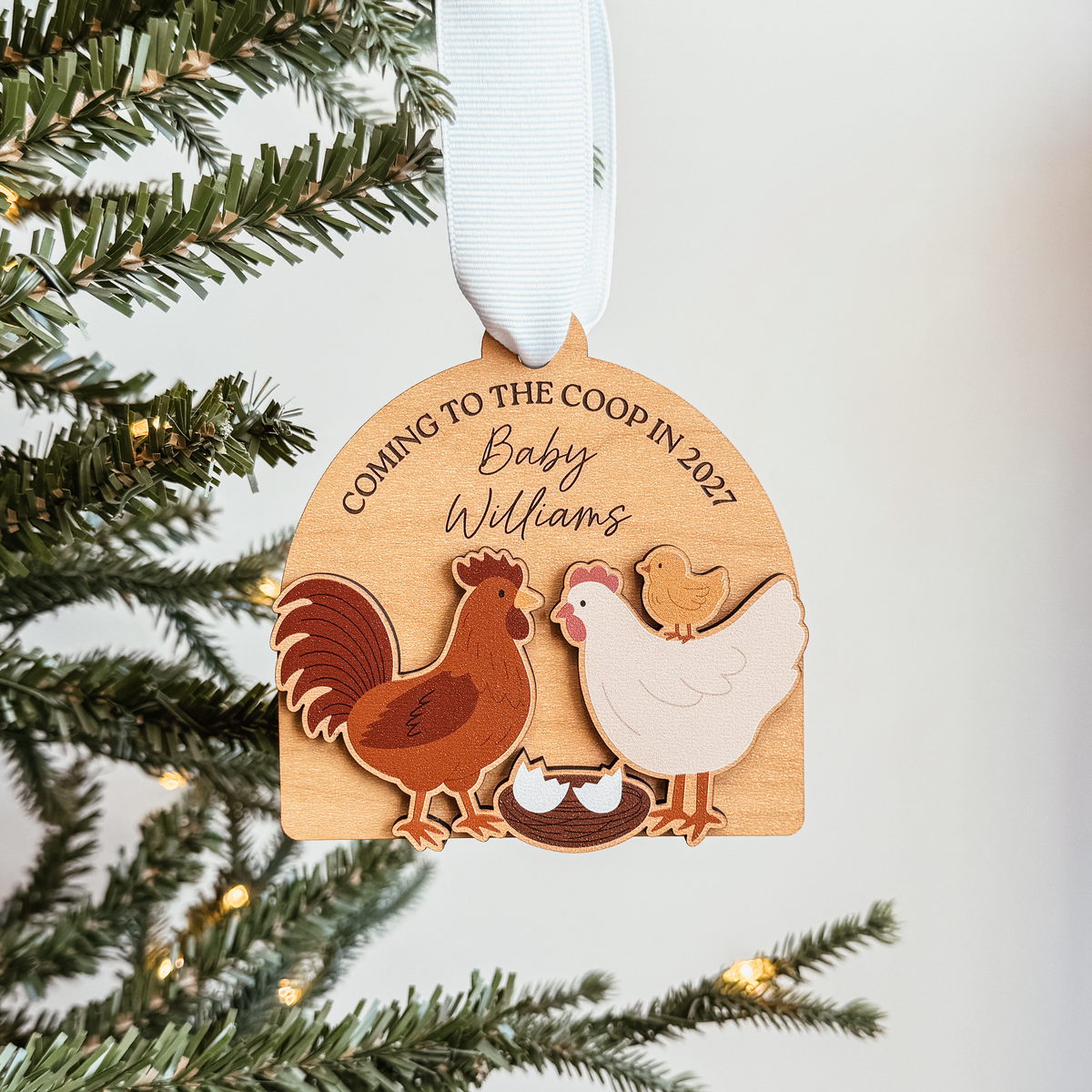 Coming To The Coop Baby Announcement Wood Or Acrylic Ornament (Oval or Arch)