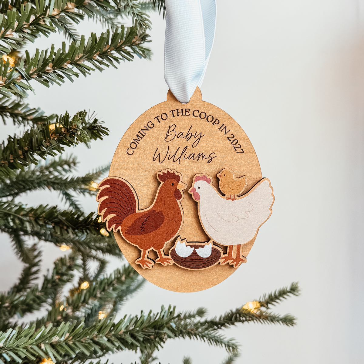 Coming To The Coop Baby Announcement Wood Or Acrylic Ornament (Oval or Arch)