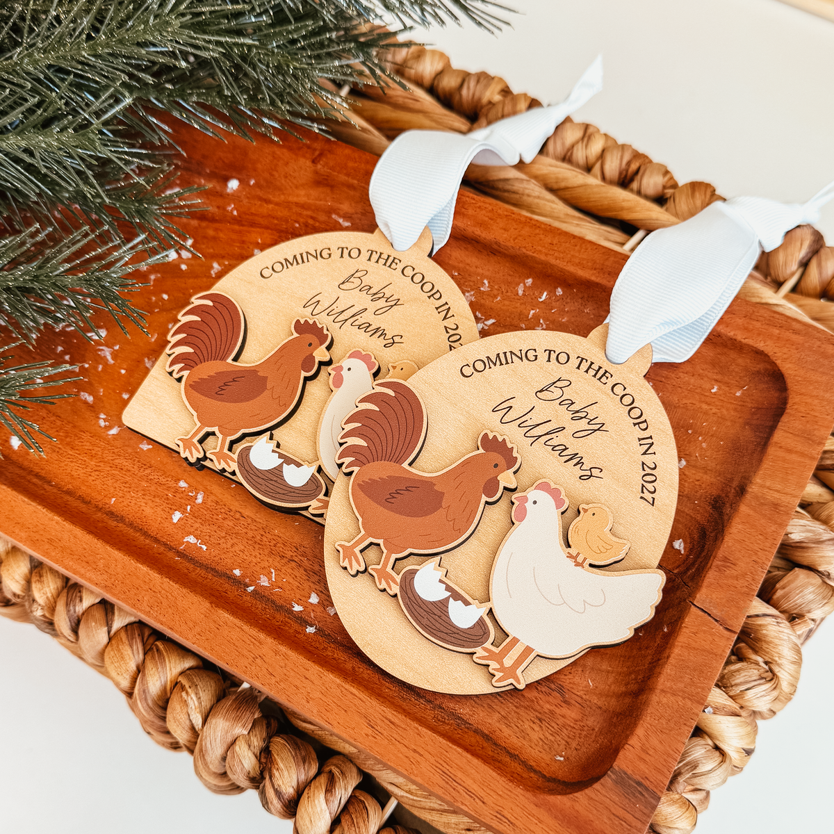 Coming To The Coop Baby Announcement Wood Or Acrylic Ornament (Oval or Arch)