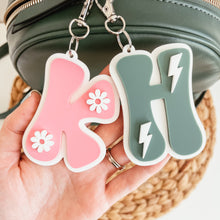 Load image into Gallery viewer, Retro Letter Bag Tag | Daisies or Lightning Bolts