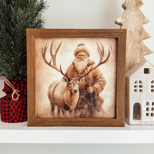 Santa Claus & Reindeer Vintage Inspired Christmas Sign