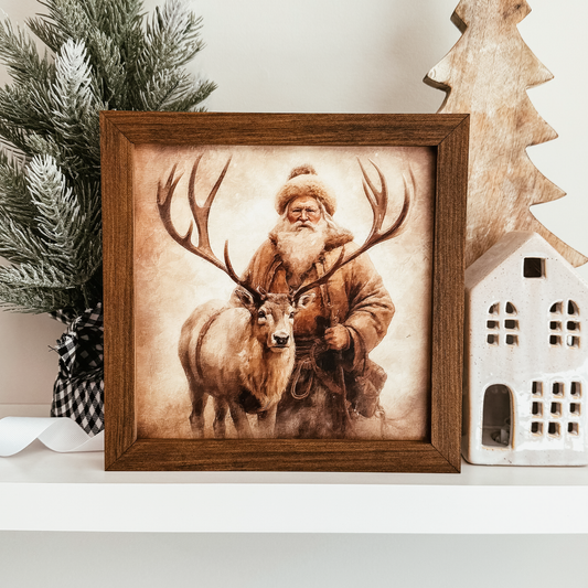Santa Claus & Reindeer Vintage Inspired Christmas Sign