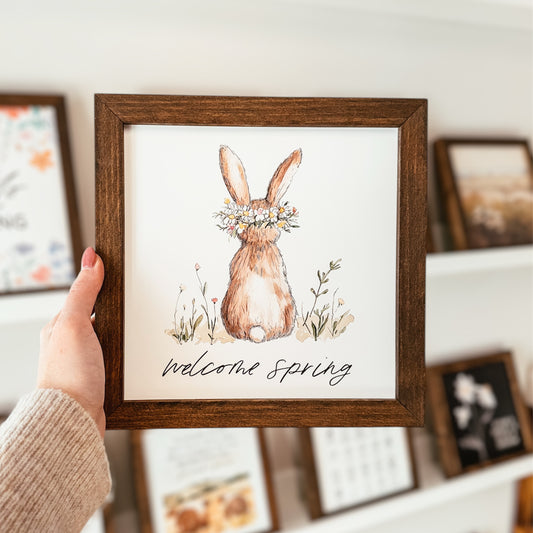 Welcome Spring Floral Bunny Framed Sign