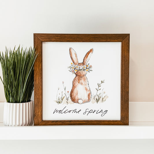 Welcome Spring Floral Bunny Framed Sign