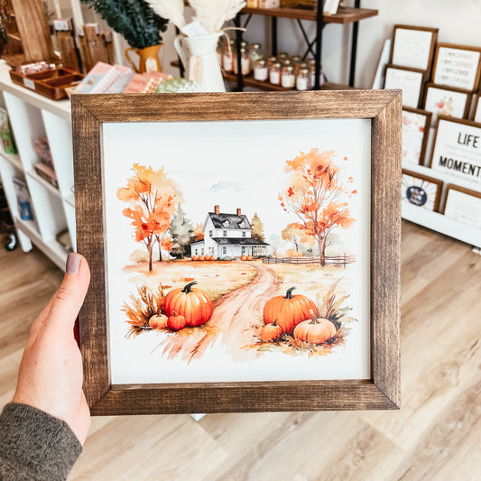 Watercolour Autumn Farm Framed Sign