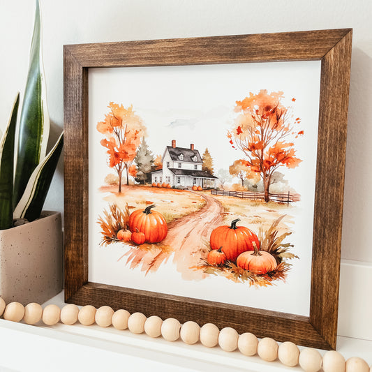 Watercolour Autumn Farm Framed Sign