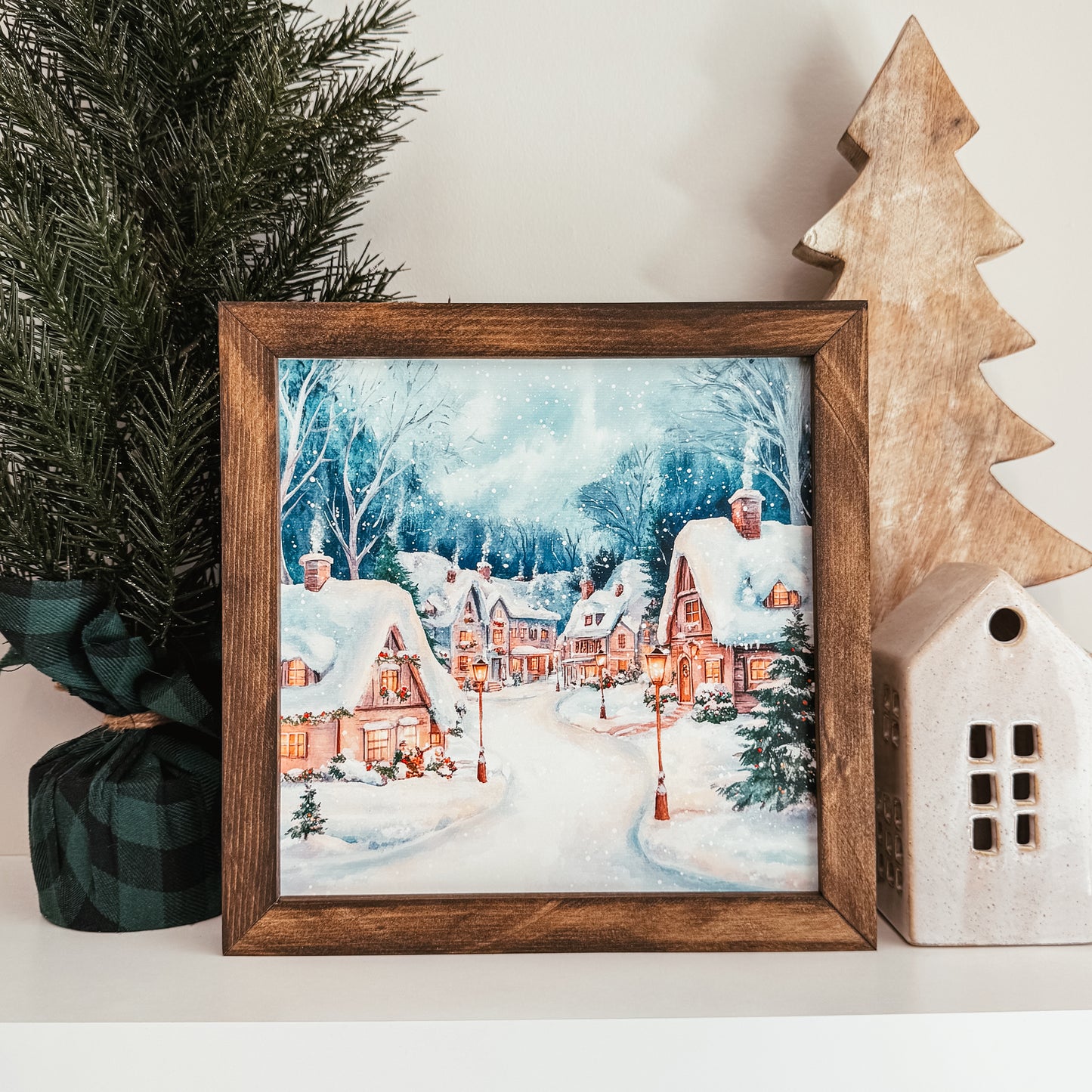 Watercolour Christmas Village 1 Framed Sign