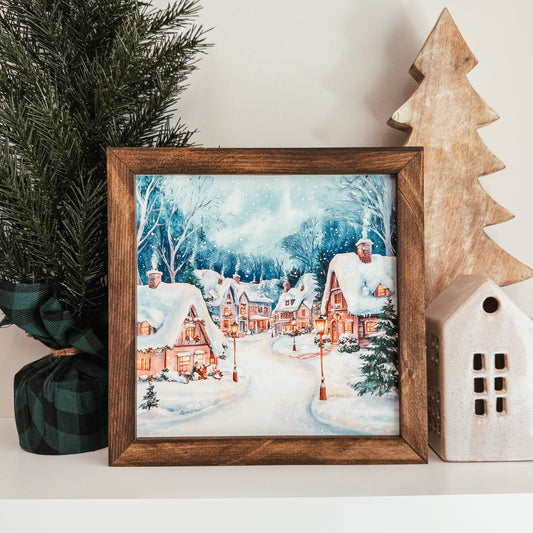 Watercolour Christmas Village 1 Framed Sign