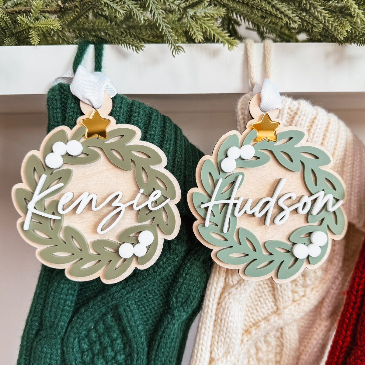 Greenery Wreath Christmas Ornament or Stocking Name Tag