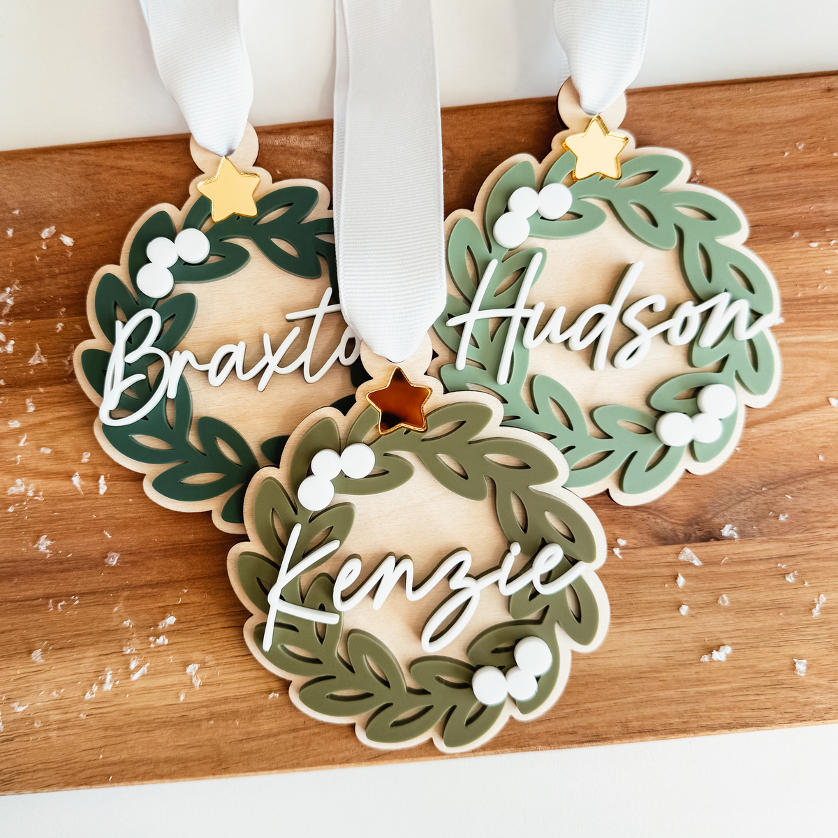 Greenery Wreath Christmas Ornament or Stocking Name Tag