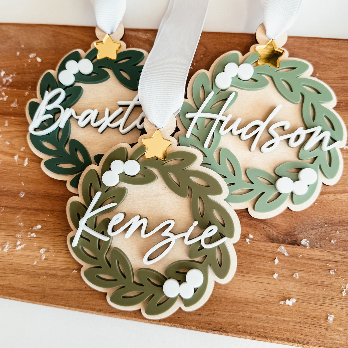 Greenery Wreath Christmas Ornament or Stocking Name Tag
