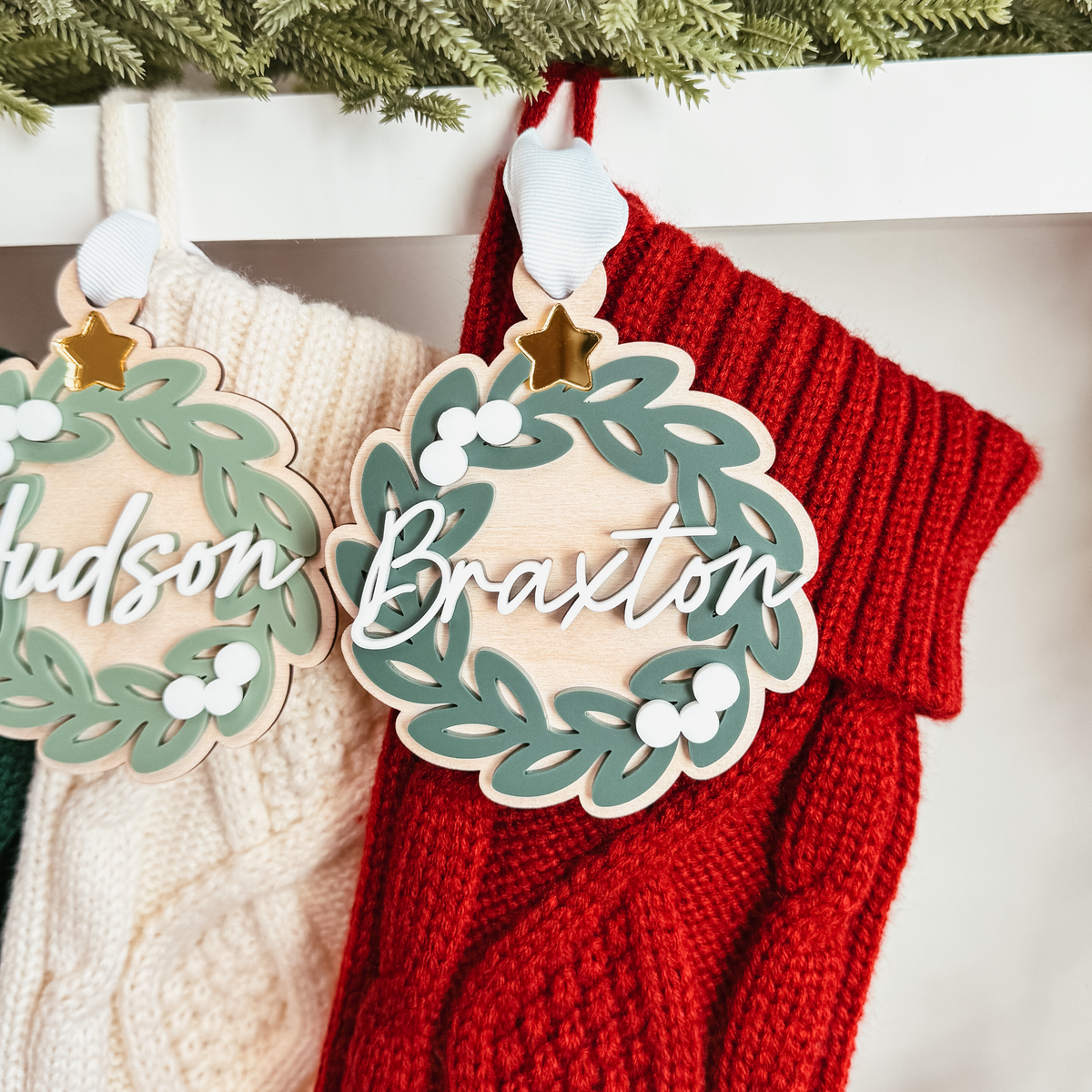 Greenery Wreath Christmas Ornament or Stocking Name Tag