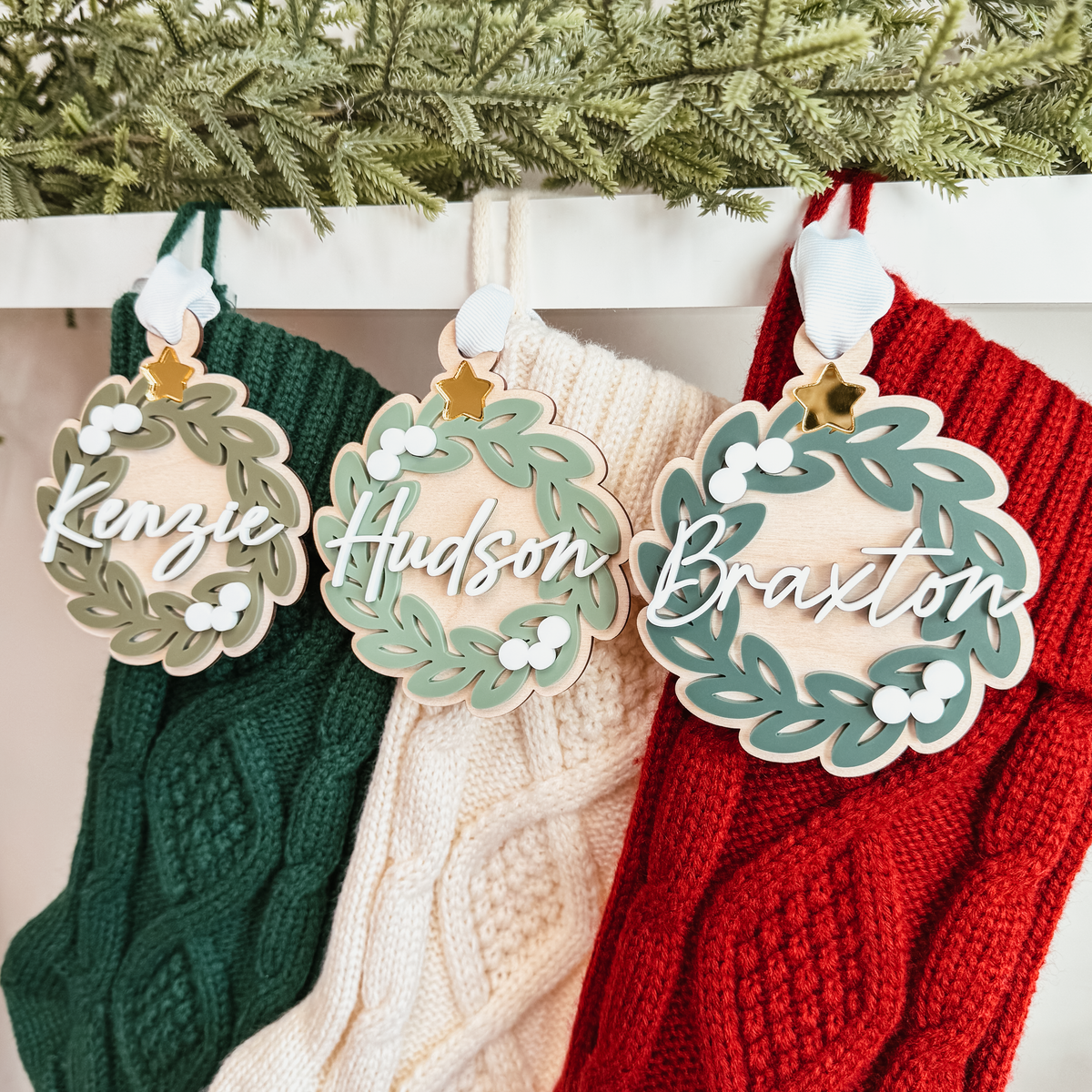Greenery Wreath Christmas Ornament or Stocking Name Tag