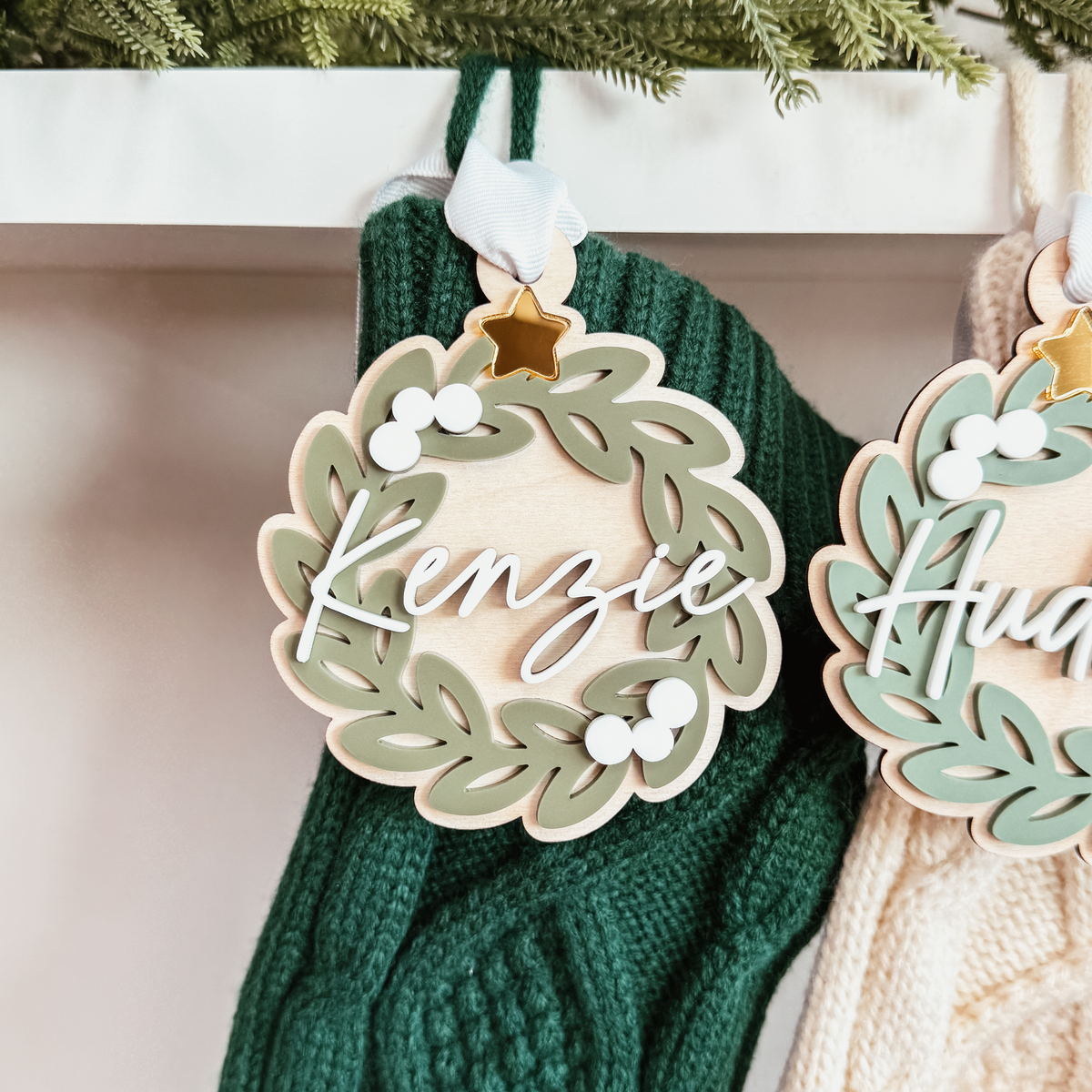 Greenery Wreath Christmas Ornament or Stocking Name Tag